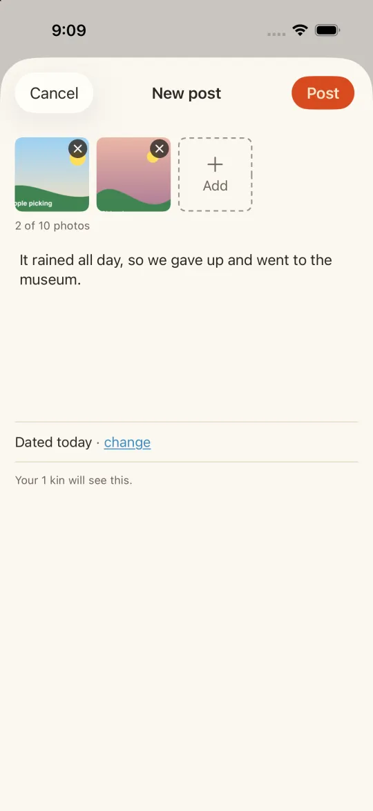 The Kinsort composer: two photos chosen, a line of text, and the date of the post, which can be changed.