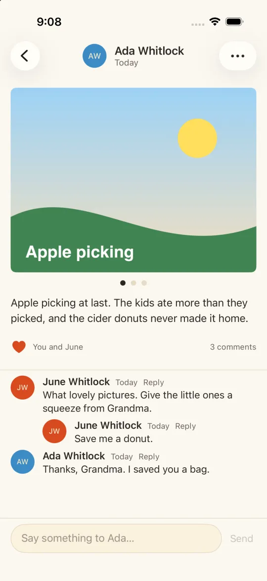 A Kinsort post open on its own, with the full text under the photo and a short thread of comments between family members.